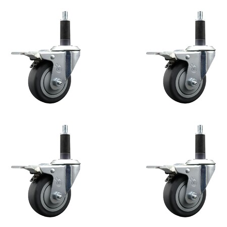 Service Caster 3.5'' Thermoplastic Rubber Swivel 1'' Expanding Stem Caster Set Total Lock Brake, 4PK SCC-EXTTL20S3514-TPRB-1-4